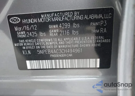2012 Hyundai Sonata Gls from USA, damaged, VIN 5NPEB4AC3CH494961